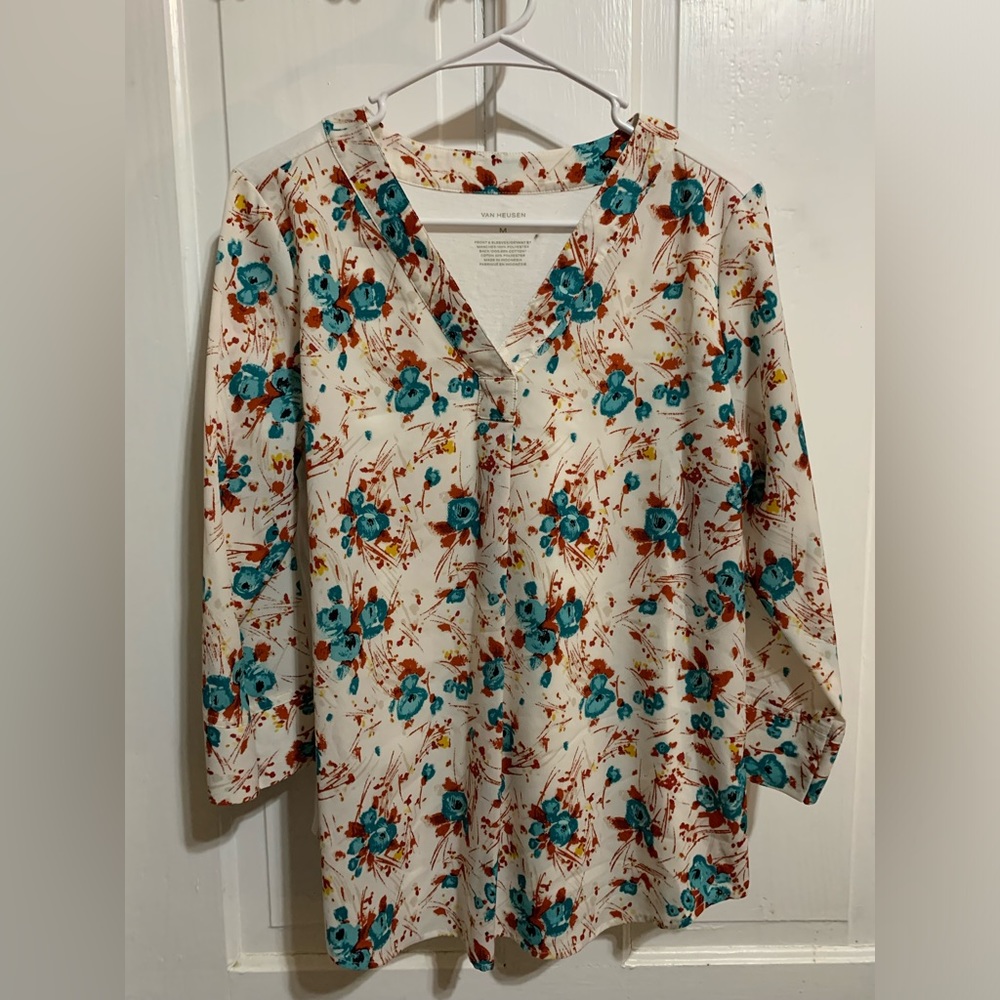Van Heusen Cream and Blue Floral V Neck
